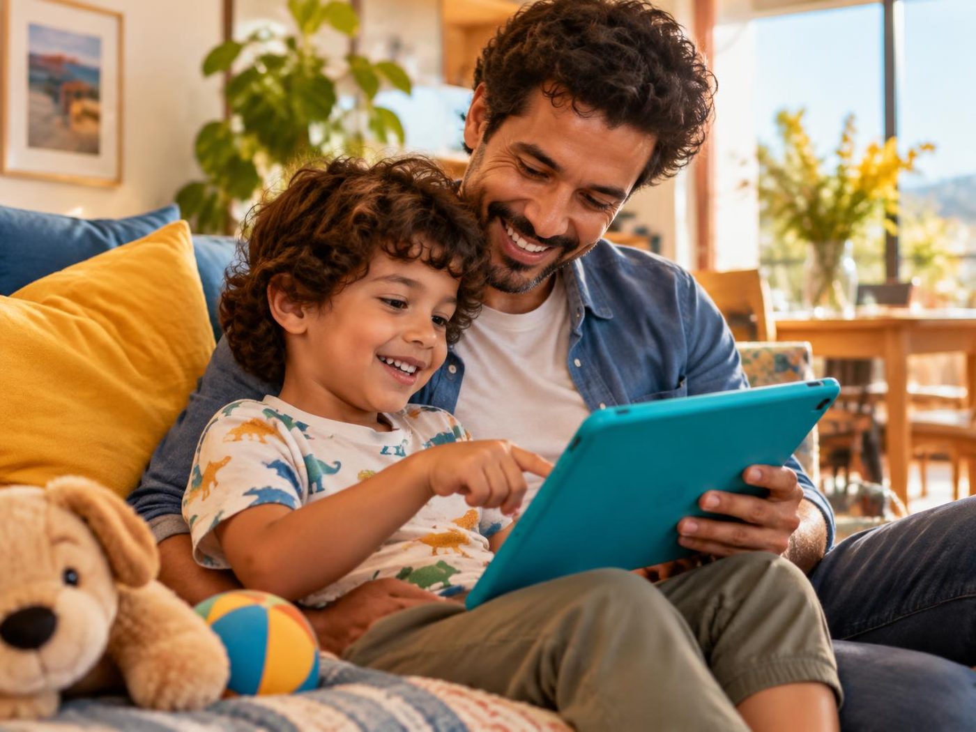 Pai e criança usam juntos um tablet em casa