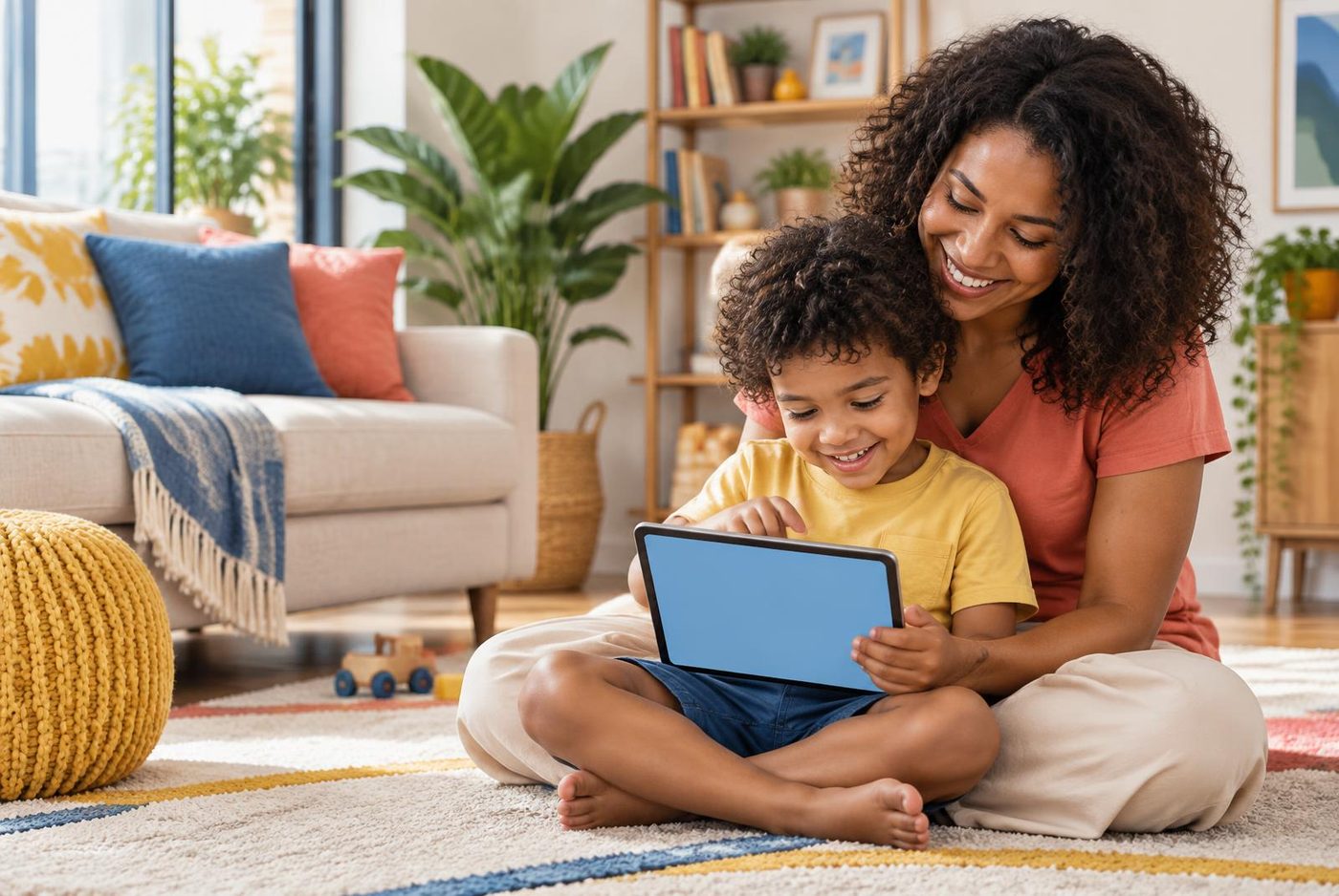 Mãe acompanha a criança usando uma prancha de comunicação no tablet
